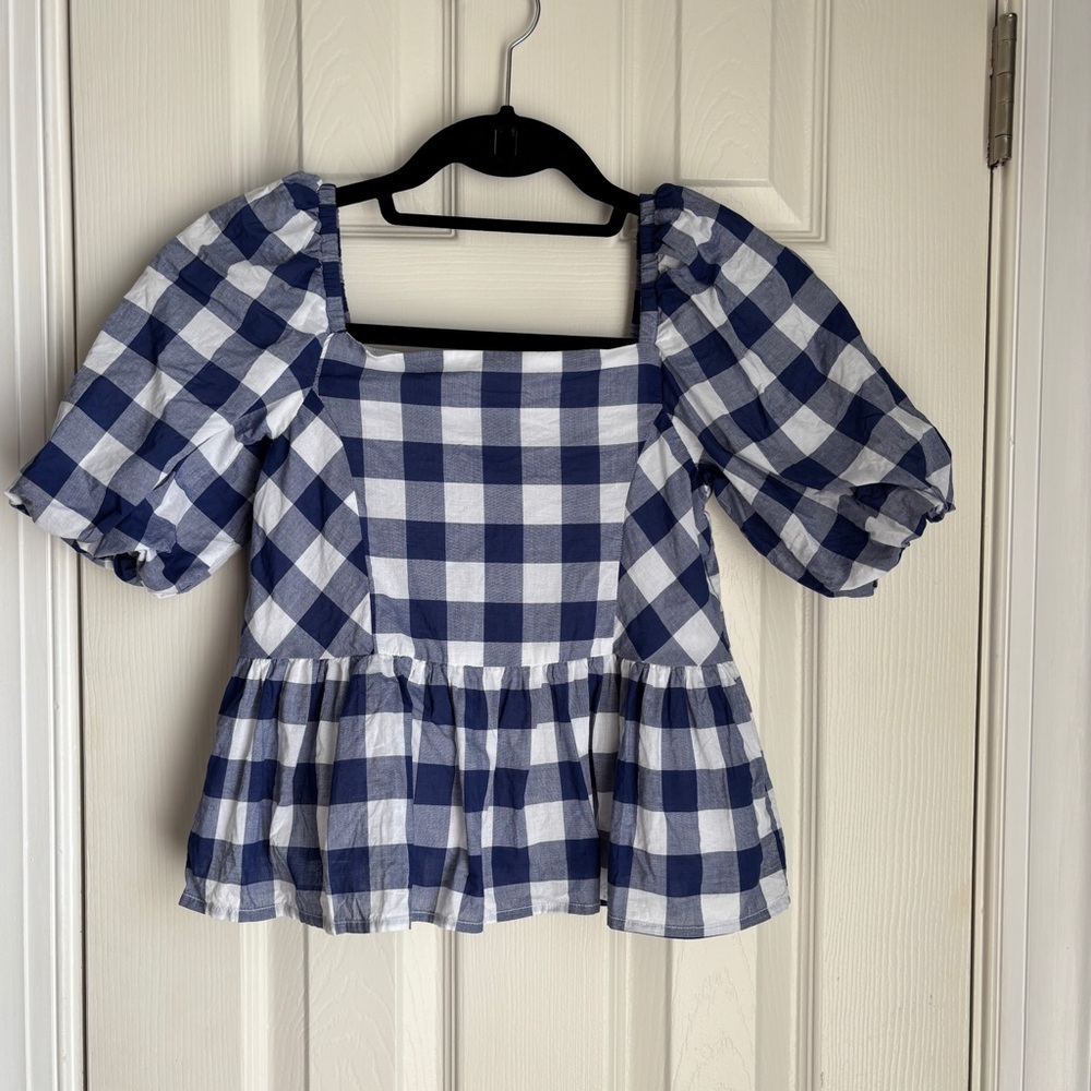 Janie and Jack Blue and White Gingham Puff Sleeve Blouse Size 10